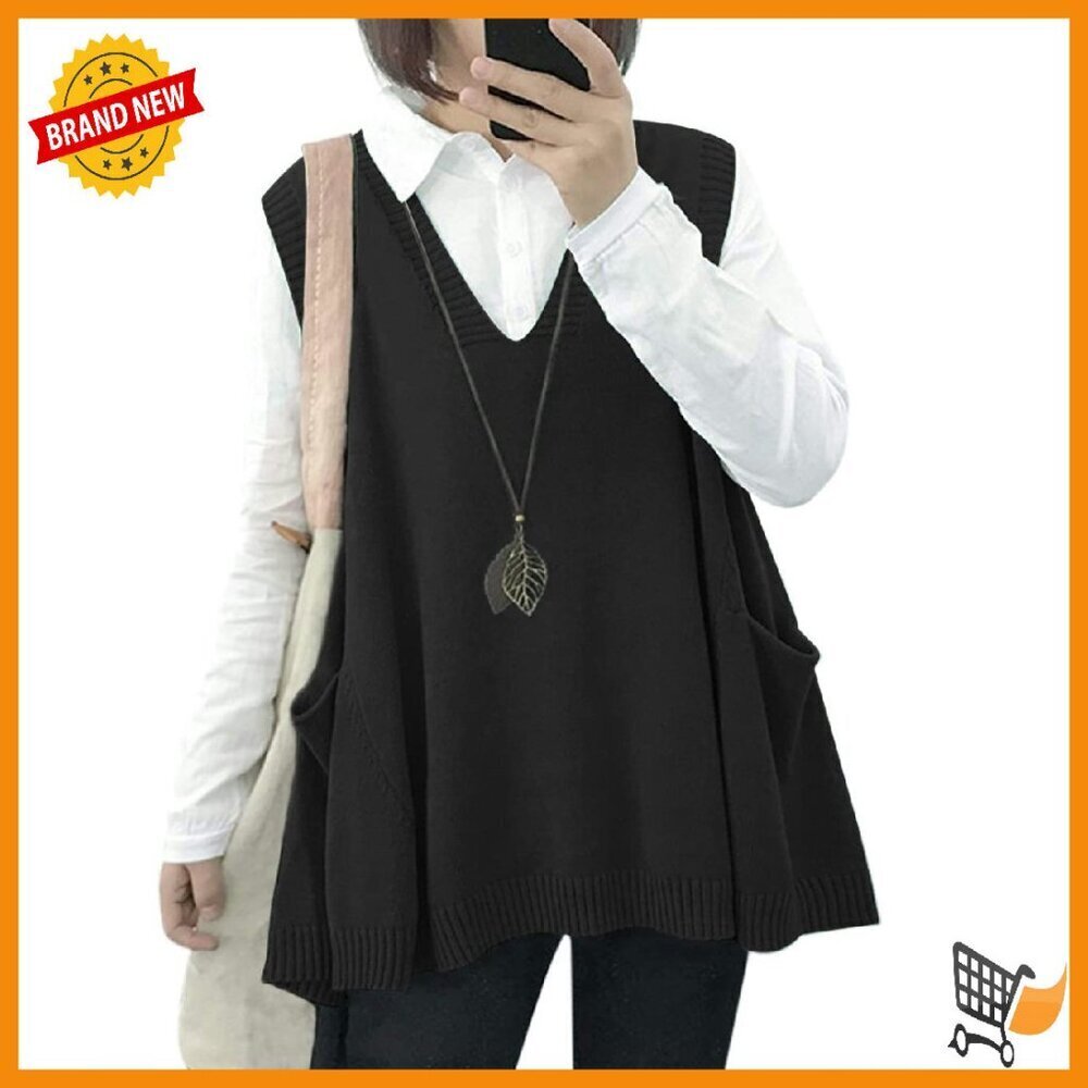 Oversized Cotton Sweater Vest with Drop Pockets Loose Swing Fit